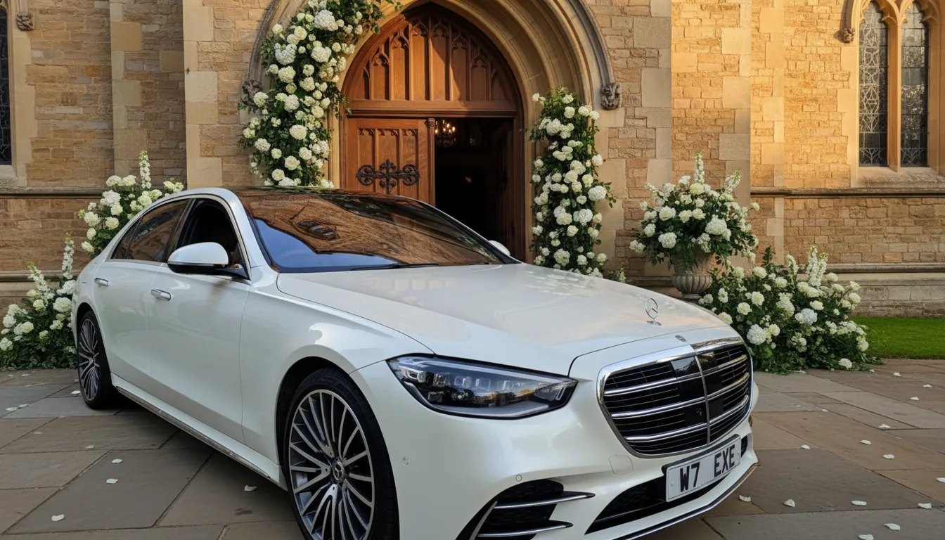Your Wedding Car on the Day: What Happens and When with a chauffeur-driven White 7 car prepared for the occasion