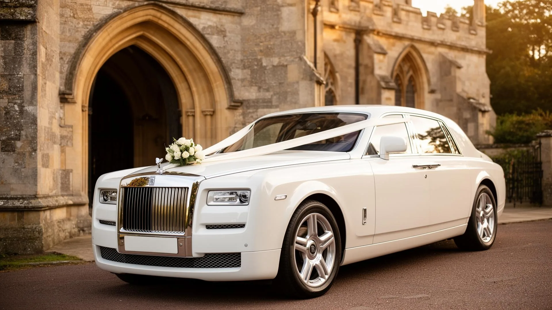 Wedding Car Ribbons and Dressing: Getting the Details Right with a chauffeur-driven White 7 car prepared for the occasion